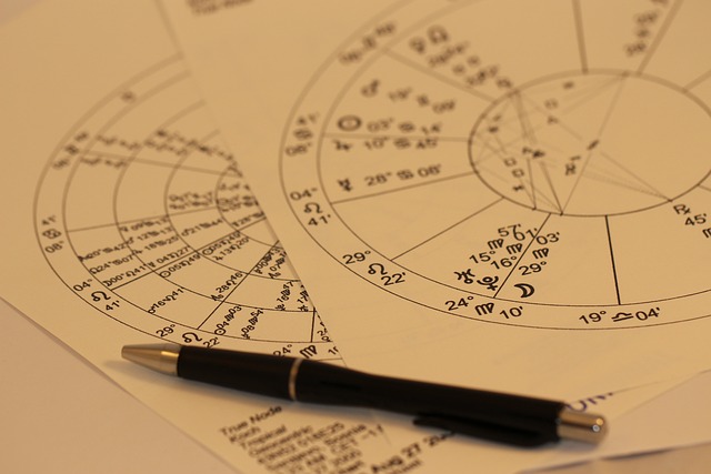 A circle graph on paper depicting astrological symbols