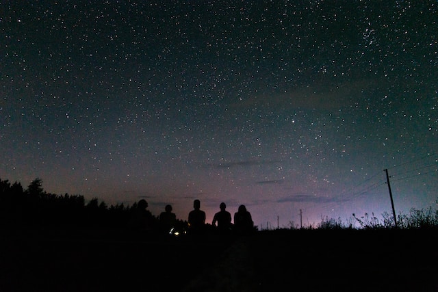 Silhouette of people sitting on a field, looking up at the night sky