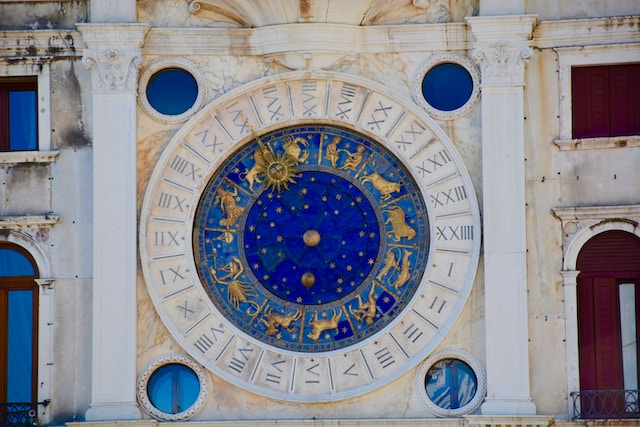 Zodiac symbols on a clock tower