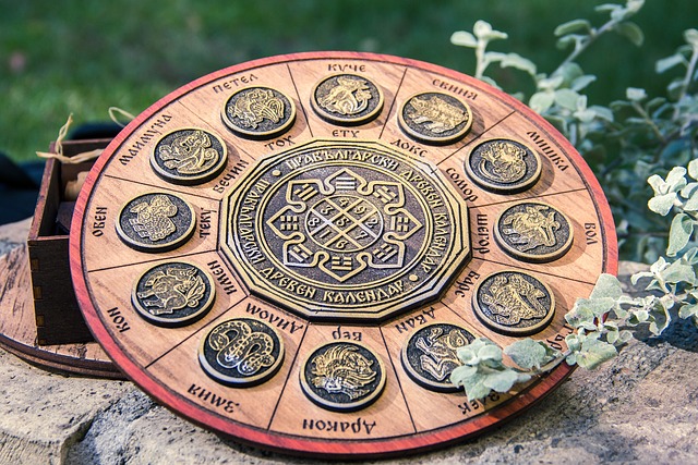 A wooden wheel adorned with different astrological signs